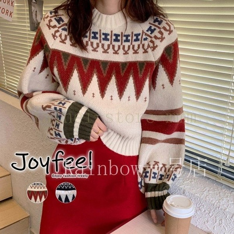 冬柄 ニット レディース ノルディック柄 セーター トップス クルーネック コクーン袖 黒 赤 韓国 通販 Lineポイント最大get Lineショッピング