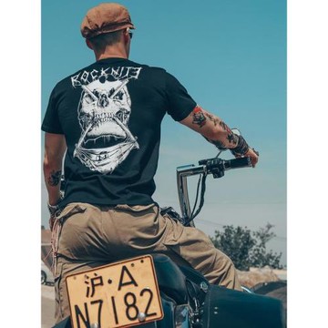 歐美高街暗黑潮牌背后骷髏頭t恤朋克搖滾樂隊短袖重磅純棉機車風