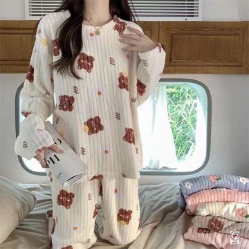 爆款睡衣🌙 2023冬珊瑚絨加厚加絨睡衣女學生居家服可愛外穿保暖文藝全套睡衣 冬季睡衣