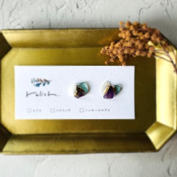 【再販】美麗色彩 海玻璃 天然石 螢石 月光石 金繼 耳針 耳環 無耳洞耳夾 紫色 紫 白色 白 玻璃 淺藍