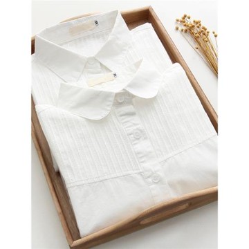 2025秋季新款娃娃領純棉白色襯衫女長袖學生百搭簡約拼接打底襯衣