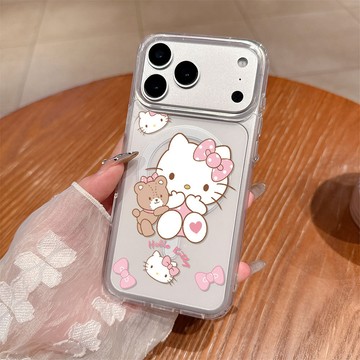 貓咪小熊玩偶 蘋果透明磁吸殼 iPhone11/12/13/14/15/16/17ProMax 大孔硬殼防摔款保護殼