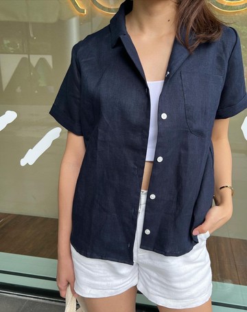 短袖亞麻襯衫，100% 純麻。