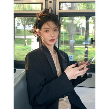 oversize黑色西裝外套女2025秋季新款高級感廓形寬松兩粒扣小西服