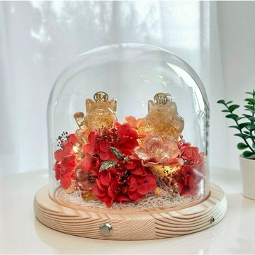 【OSTARA FLORIST 奧斯塔拉花藝】水晶擺件花禮『旺財旺福雙招財貓』系列 (雙功能玻璃罩)