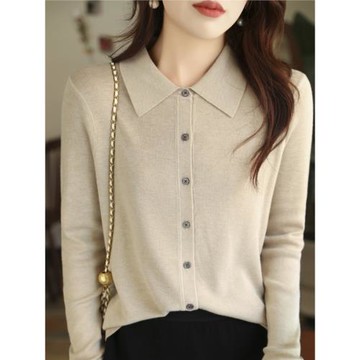 精致百搭Polo翻領針織開衫女上衣秋冬顯瘦大碼打底寬松毛衣外套潮