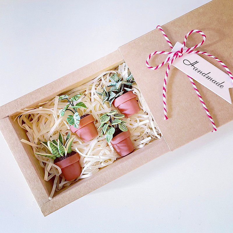 【聖誕禮盒】迷你觀葉植物盆栽磁鐵組 含卡片。仿真黏土觀葉植物