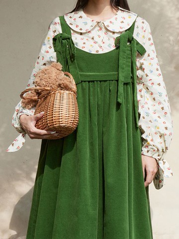 💕甜心大尺碼💕大尺碼春季新款學院風減齡背帶洋装套裝胖mm寬松顯瘦碎花襯衫