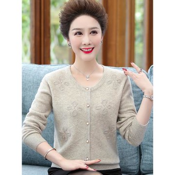 大碼中年媽媽羊絨衫毛衣開衫女秋冬針織上衣外套短款外搭毛衣寬松