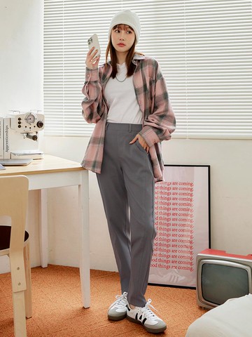 素色腰鬆緊休閒直筒長褲