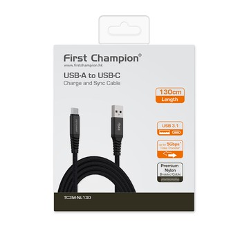 First Champion USB 3 1 Type C 充電傳輸線 尼龍編織  1 3米-黑色