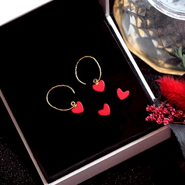 純銀紅色愛心耳釘女紅心簡約桃心少女心ins心形耳環本命年防過敏1入