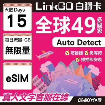 LINKGO白鑽卡 全球49國 eSIM卡 15天上網卡 無限流量吃到飽不降速(全球網卡 亞洲 歐洲 美洲 大洋洲 非洲)