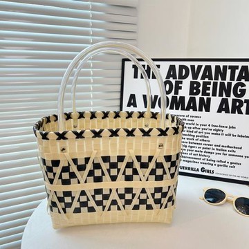 編織包網紅菜籃子黑白塑料手提包手拎包出游戶外野餐沙灘度假女包