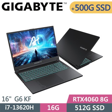 技嘉 G6 KF-H3TW853KH-SP1 黑(i7-13620H/16G/512G+500G SSD/RTX4060 8G/W11/16)特仕