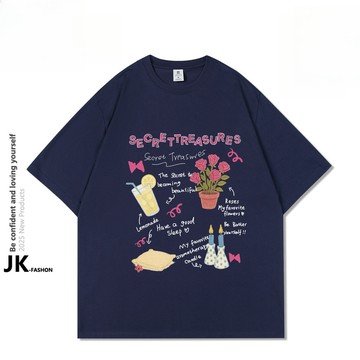 【JK極客】 卡通印花T恤女 慵懶風 oversize 寬鬆 韓版上衣女 短T 短踢 圓領落肩 100%純棉 小個子穿搭