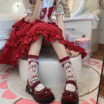 小眾設計 紅色係 洛麗塔襪子 jk襪 草莓襪子 少女襪子 可愛 泡泡口 中筒襪 軟妹 ins甜美風 學院風 顯瘦