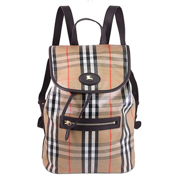 BURBERRY 8119920 戰馬LOGO英式格紋塗層皮革後背包.卡其