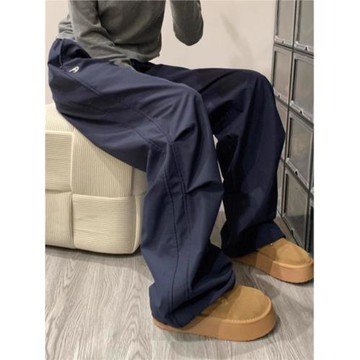 (免運)藏青色工裝褲女士春季新款戶外運動大碼機能褲高腰寬松顯瘦闊腿褲