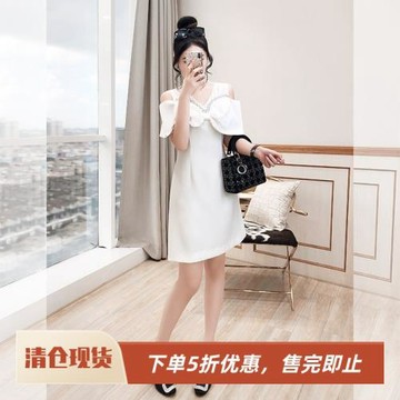 小白裙禮服女裝2025新款夏季氣質重工鑲鉆一字肩高級感白色連衣裙