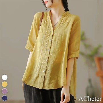 【ACheter】棉麻刺繡上衣V領短袖夏薄款棉麻襯衫短版上衣# 117069(現貨+預購)
