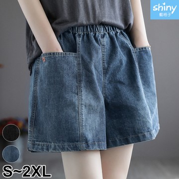 【V3968】shiny藍格子-靚女美型．皮標大口袋鬆緊腰牛仔短褲