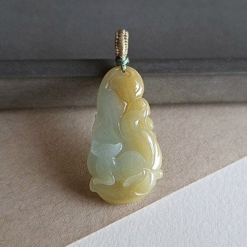 雙彩黃翡翠九尾狐吊墜 | 天然緬甸翡翠 | 玉器玉墜