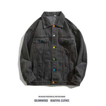 春秋ins撞色紐扣牛仔外套男潮牌寬松休閑痞帥水洗oversize夾克衫