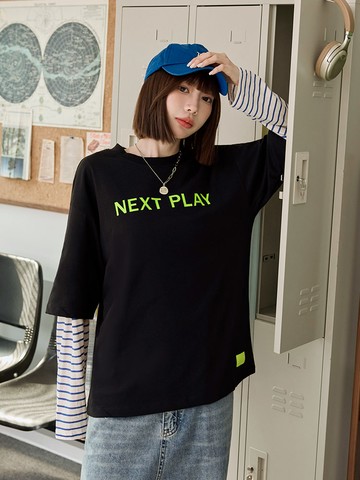 棉質抗菌撞色英文印花上衣