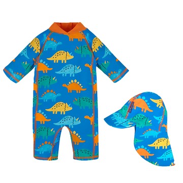 英國 JoJo Maman BeBe - 連身式泳裝+防曬護頸遮陽帽-恐龍家族_JJH3934+恐龍圖鑑_JJH3936