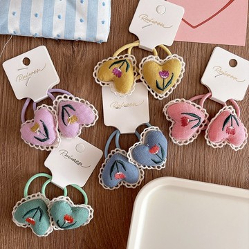 蕾絲邊刺繡愛心少女髮繩甜美馬尾髮圈皮筋 兒童髮飾 兒童髮圈 可愛造型髮圈 綁頭髮髮圈 兒童綁髮皮筋圈 不咬髮髮圈