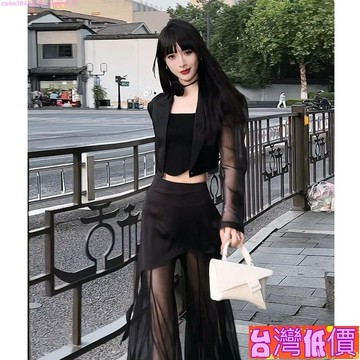 悅裳💎台灣免運💎網紗拼接長褲兩件套女 墊肩短外套夏季西裝 西裝套裝 套裝女 高腰顯瘦 短版外套 不規則拼接網紗褲子