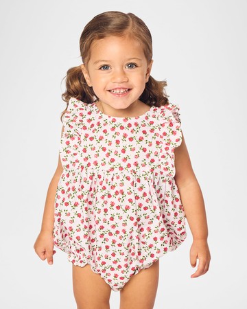 Girl's Petite Petals Ruffled Twill Romper, Size 0M-24M