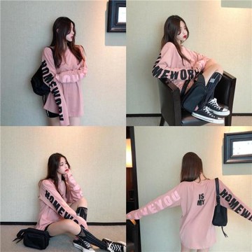 粉色t恤女長袖春秋裝歐貨2025新款打底衫純棉字母印花中長款上衣