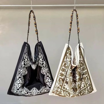 免運 開立發票 女包 法式絲巾雙面藝術印花托特包大容量通勤包串珠單肩腋下包手提包女