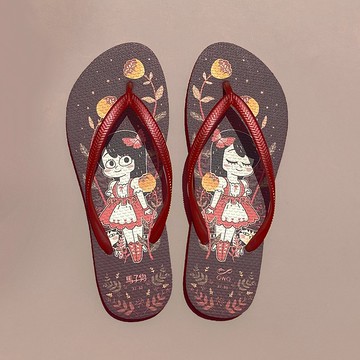 女款防水防滑夾腳拖鞋 馬子狗聯名人字拖 情侶涼拖鞋 -深色紅-