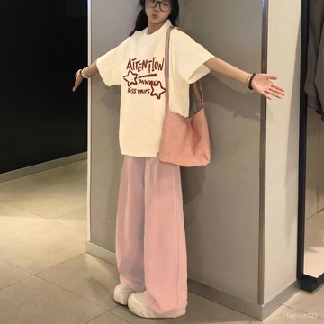 💛限時下殺💛2024夏季新款短袖T恤女學生甜美寬鬆+休閒闊腿褲粉色百搭兩件套裝
