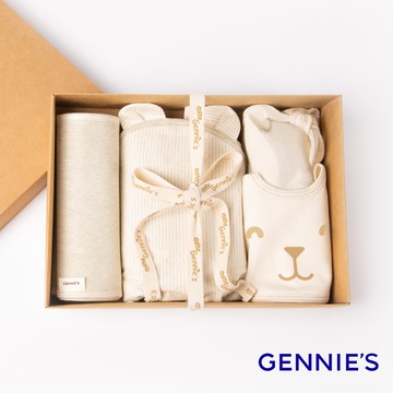 Gennies奇妮 恬睡小兔的打呼聲好眠禮盒4件組(包巾+寶寶帽+口水兜+肚圍)(BE55+BE56+BE57+BE58)
