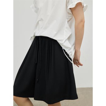 【樹蔭】步履不停 日系小個子寬松仿麻感松緊腰黑色五分短裙褲 女