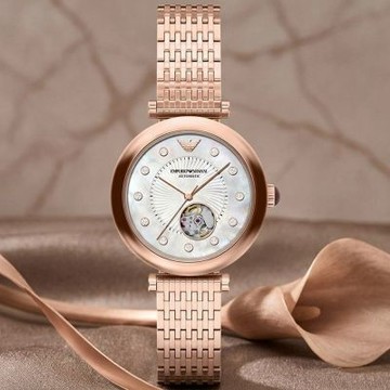 EMPORIO ARMANI 亞曼尼 Archelia 晶鑽開芯鏤空優雅機械女錶 開學購物季 送禮首選-玫瑰金/34mm AR60096