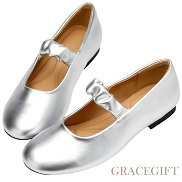 【Grace Gift】日系微甜雲朵抓皺柔感平底瑪莉珍鞋 銀