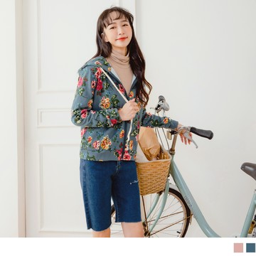 高含棉滿版花朵磨毛連帽外套