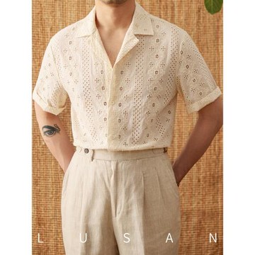 鹿三先生夏季純棉提花透氣休閑縷空短袖襯衫古巴領復古度假襯衣男