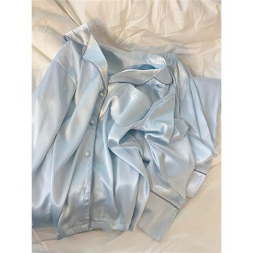 Sin Glee 藍色高級感長袖冰絲睡衣女春秋新款長褲家居服大碼套裝