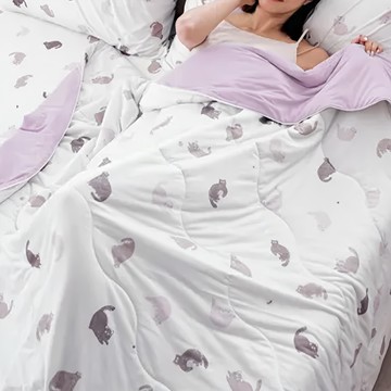 BUHO 布歐 針織涼感床包 (枕套尺寸: 45*75CM)  單人(3.5尺)  貓宅動滋動 白色 + 紫色  床包 + 枕套