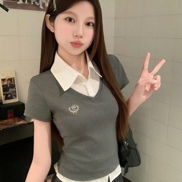 【砂糖夢境】假兩件POLO領短袖T恤女氣質顯瘦2025夏季學院風穿搭辣妹短款上衣
