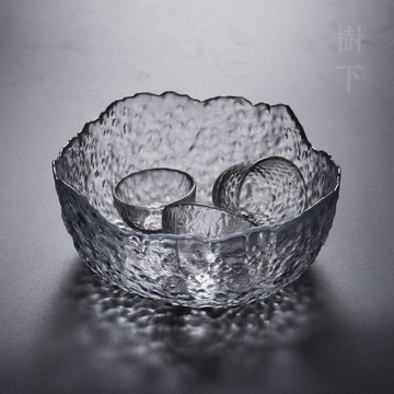 日式大號茶洗建水 手工錘紋耐熱玻璃水洗水盂筆洗杯洗茶海 果盤1入