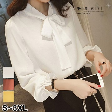 【QV2514】魔衣子-純色系帶蝴蝶結長袖上衣