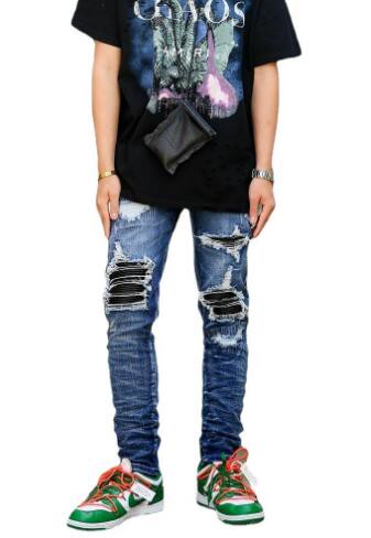 FINDSENSE X 2024 男士 街頭潮流 藍色 補丁破洞 乞丐 修身彈力 直筒牛仔褲 小腳褲