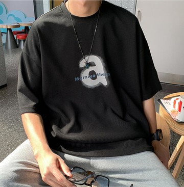 FINDSENSE X 韓潮 寬鬆 華夫格 字母a圖案印花 男士 短袖T恤 男T